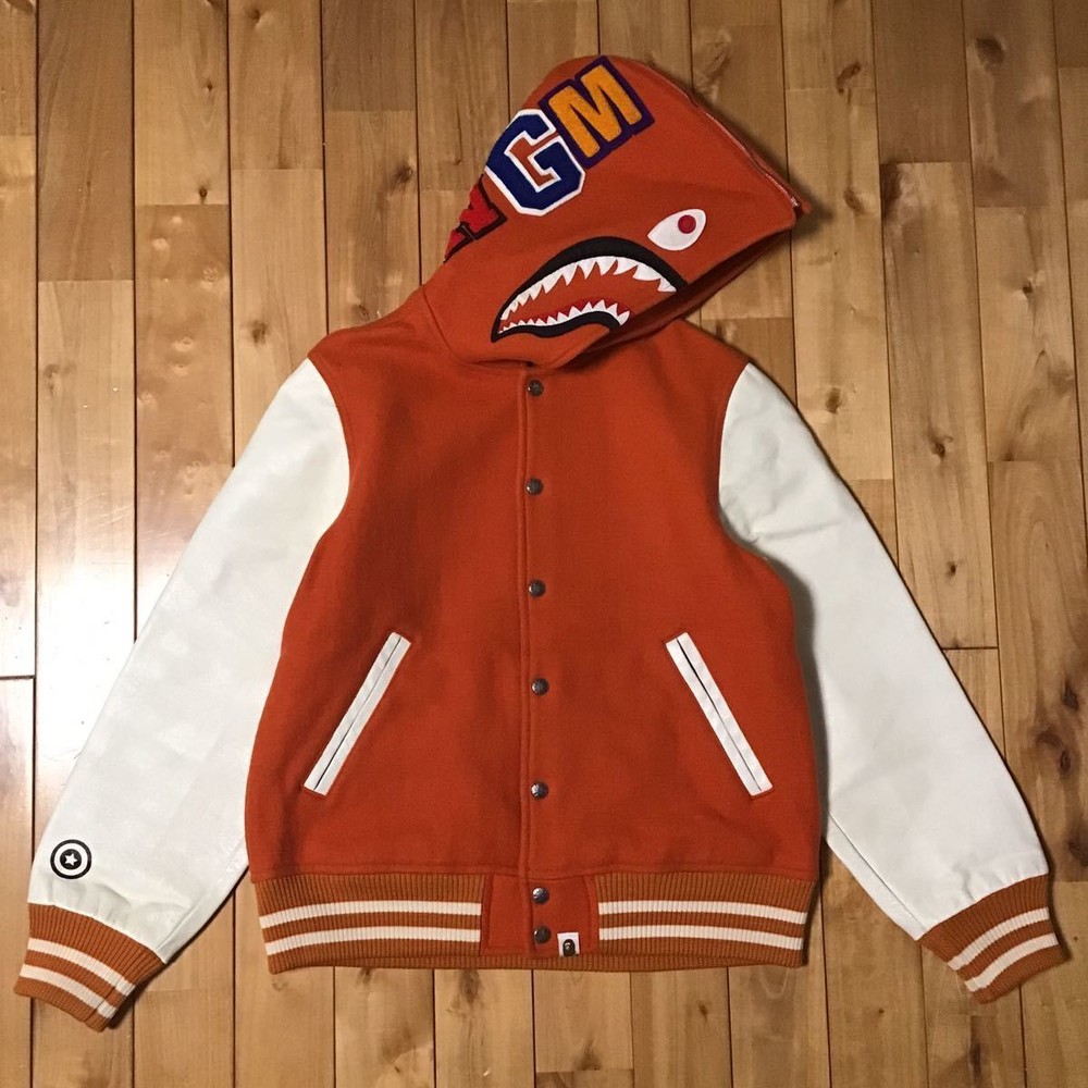 Sleeve Leather Shark Hoodie Varsity Jacket M Size A Bathing Ape Bape Stadium