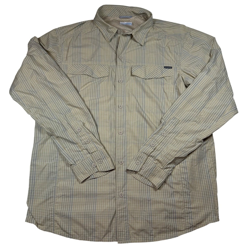 Columbia Mens Large Long Sleeve Button Down Fishing Hiking Shirt Tan Blue Grid