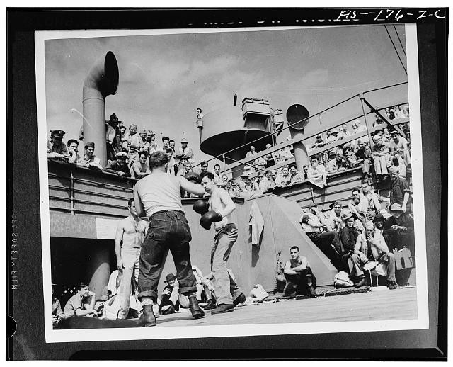 Photo:WWII Shipboard Boxing Match Navy Sailors 1940s Crowd on Deck