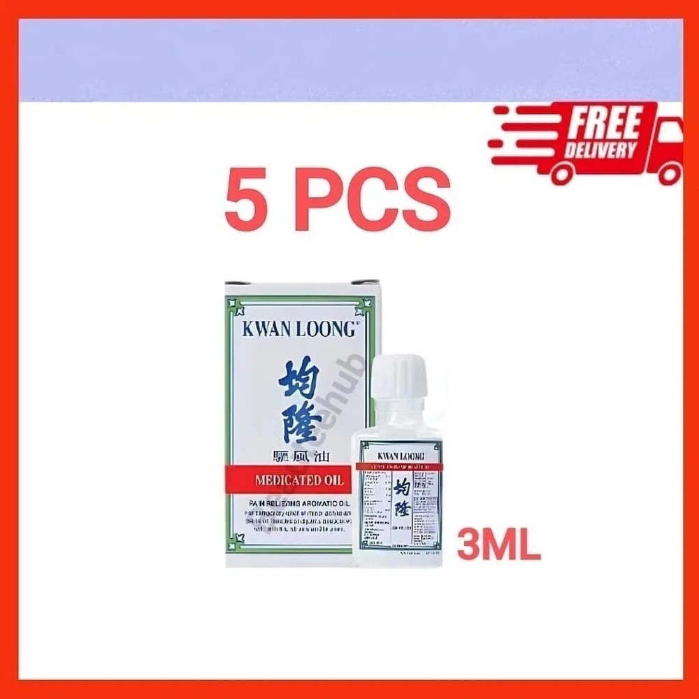 5 Bottles X 3ml Kwan Loong Medicated Oil with Menthol & Eucalyptus Free Shipping