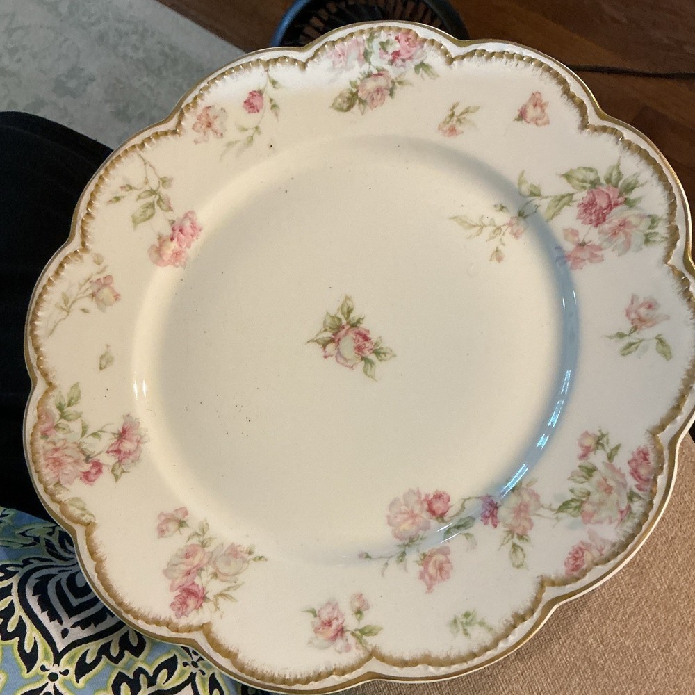 White Pink Rose Floral Porcelain Plate, Gold Trim, Round Glossy, Scalloped