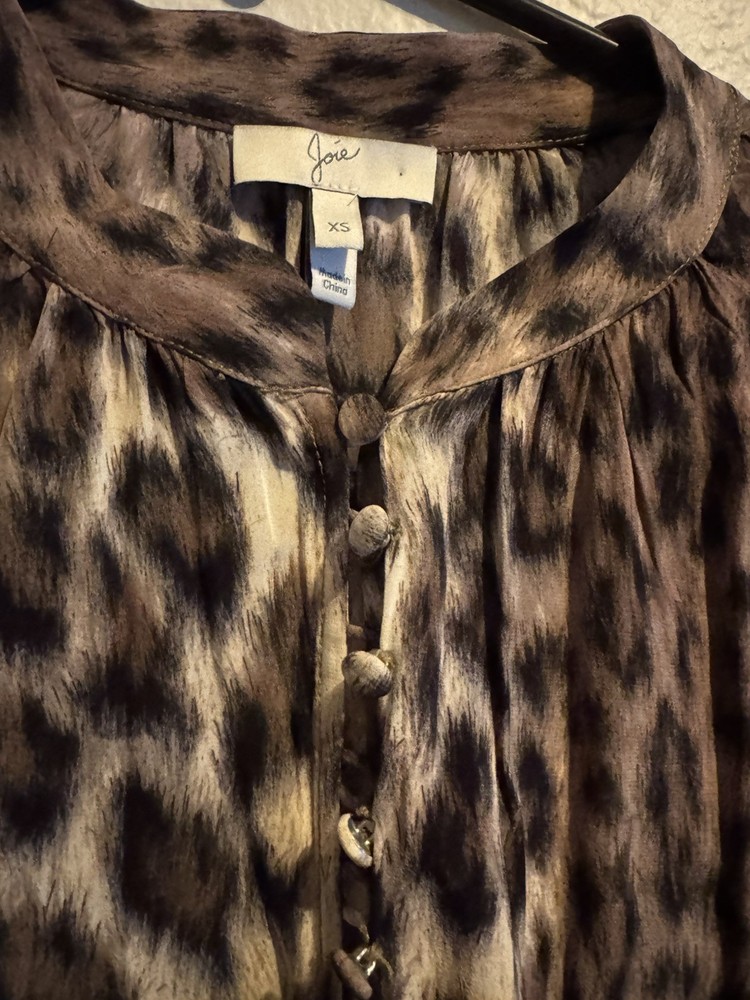 Silk Blouse Leopard Print Button Brown Taupe Joie Tariana Long Sleeve