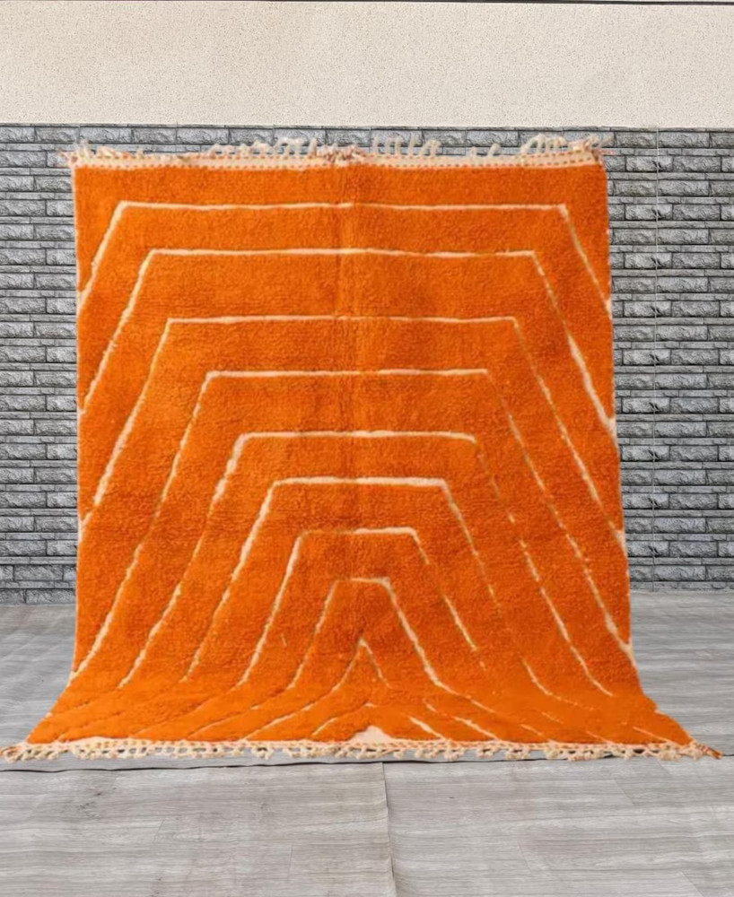 Moroccan Berber Beni Ourain Wool Rug Color Orange Handmade Design Carpet Rug