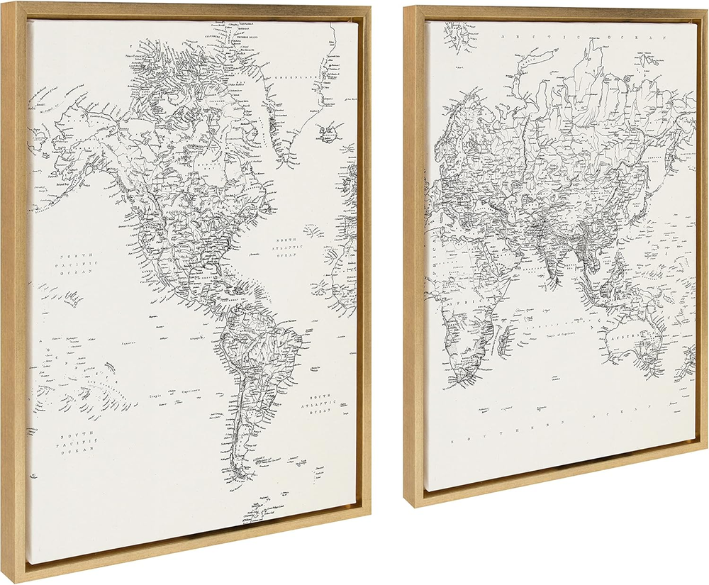 Sylvie Black and White Modern Retro World Map Framed Canvas Wall Art Set by the
