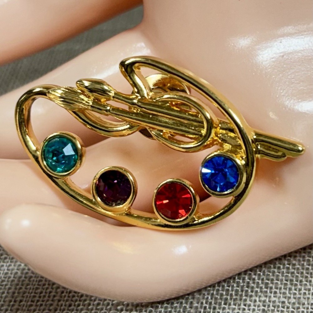 Gold Tone AVON Artist Palette Painter Brooch Pin Multicolor Rhinestones Vintage