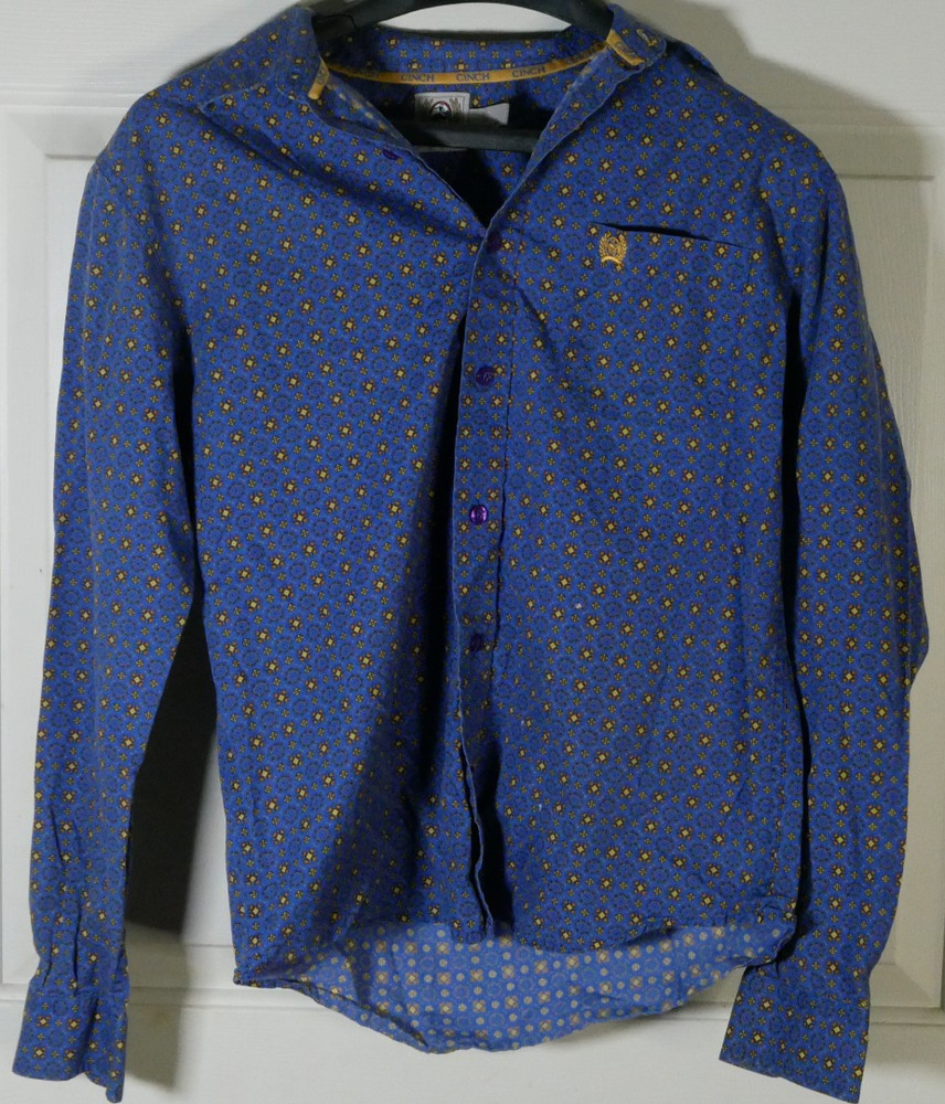 Cinch Boys XL 14 Blue Patterned Long Sleeve Button Down Western Shirt