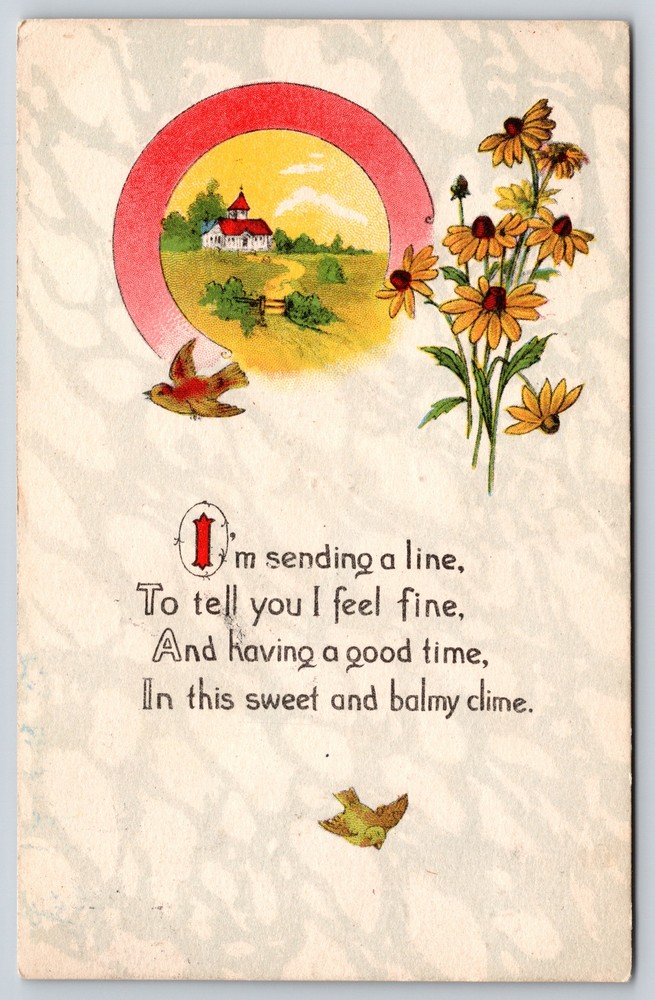 Greetings~Poem~Sending A Line~I'm Fine~Having Good Time~Art Deco~Birds~1915 PC