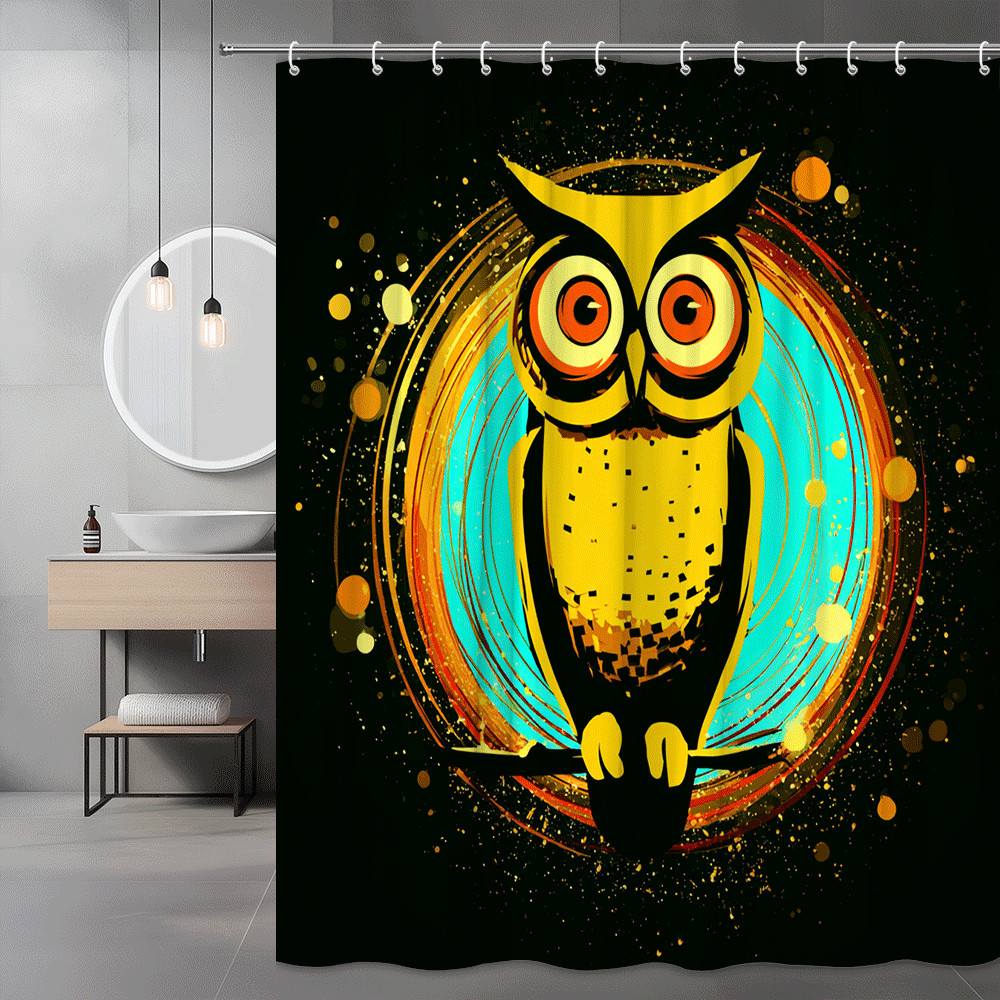 Owl Shower Curtain Black Yellow Blue Graphic Print