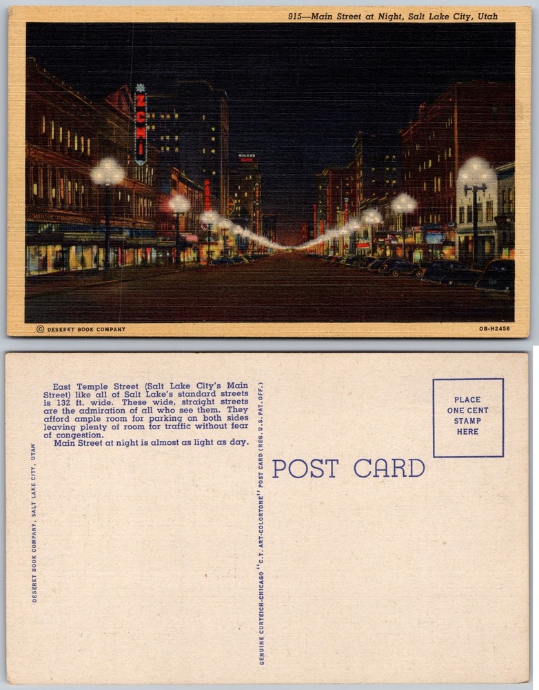 Main Street Night Salt Lake City Utah Postcard