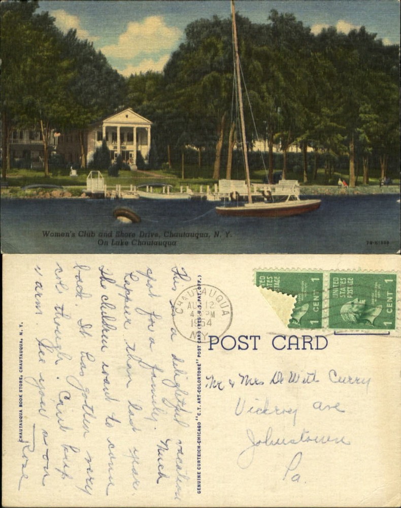 Women's Club and Shore Drive on Lake Chautauqua New York NY sailboat mailed 1955