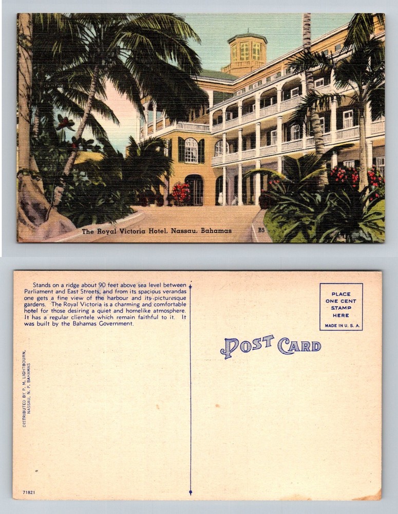 Royal Victoria Hotel, Nassau-Bahamas, Veranda Palms Garden View Vintage Postcard