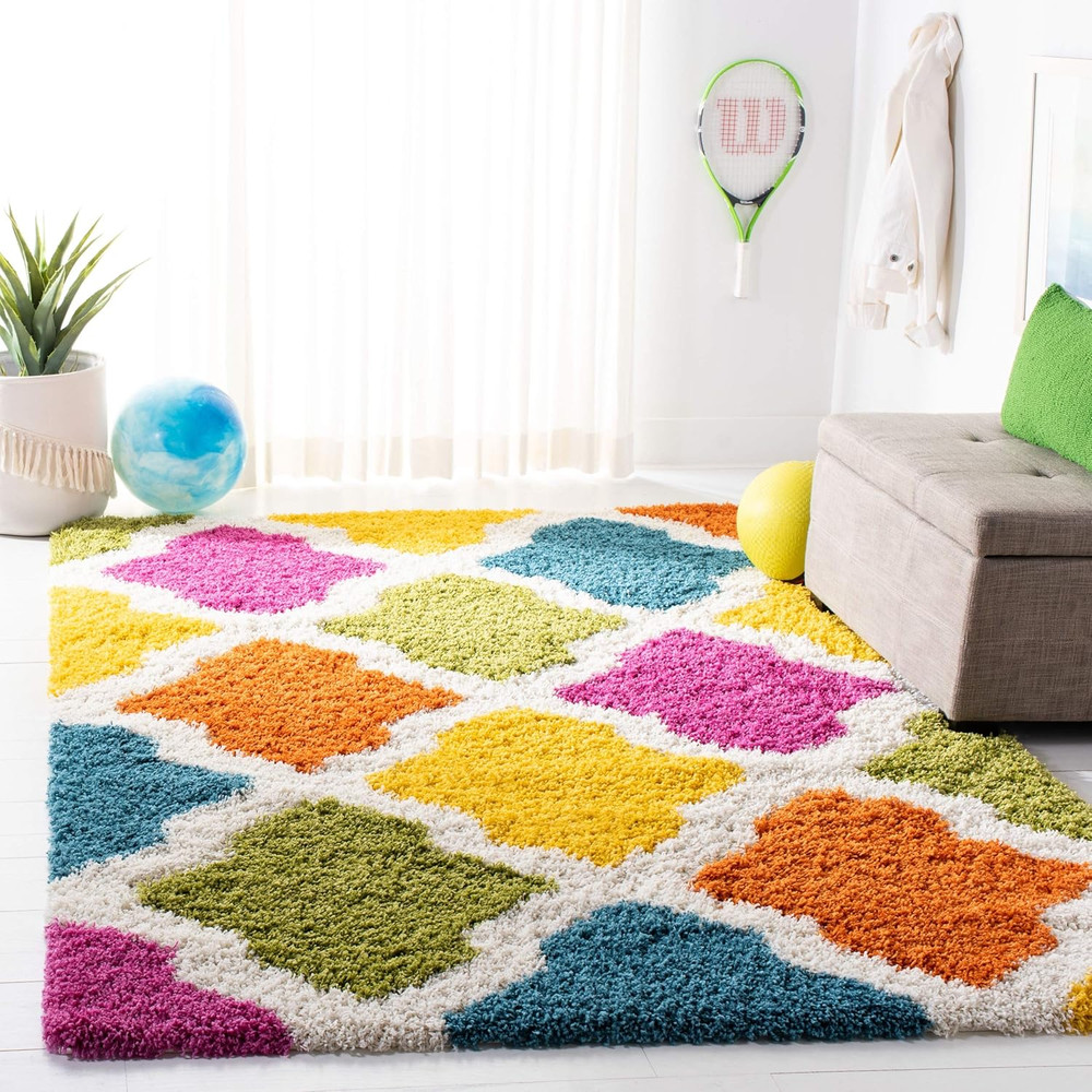 Kids Shag Collection Accent Rug - 3' X 5', Ivory & Multi, Rainbow Trellis Design