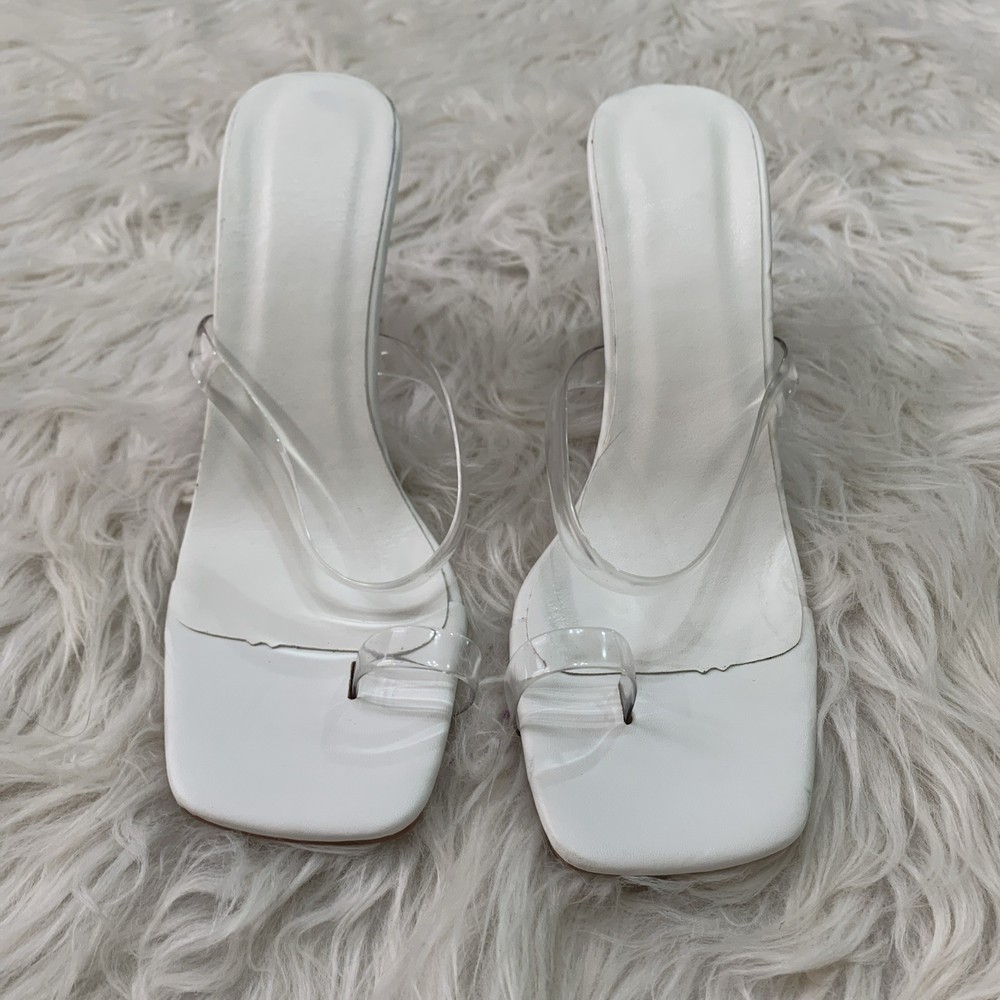 Clear 4-inch toe ring mule heels in size 7