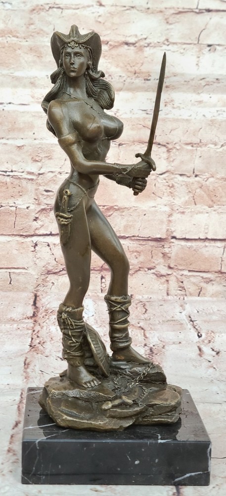 Bronze Female Knight Warrior Nude Marble Sculpture Signed Figurine Deco