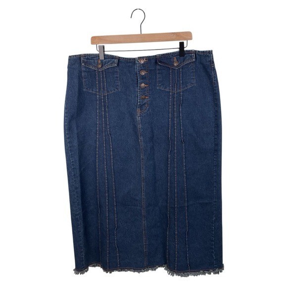 Vintage Y2K Faded Glory Denim Maxi Skirt Plus Size 20W Button Fly Frayed Hem