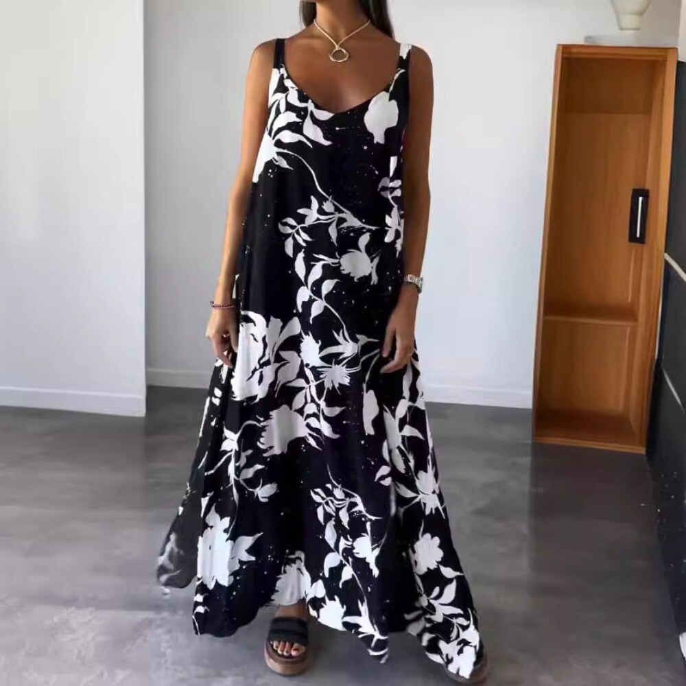 Women's long dress printed suspender backless v-neck dress