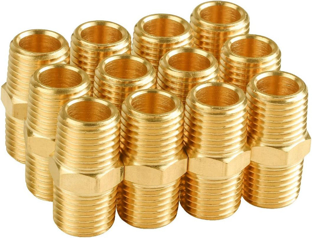 12-Pack 1/4 Inch Male Hex Nipples, 1/4'' NPT Male Brass Pipe Fitting Adapters, 1