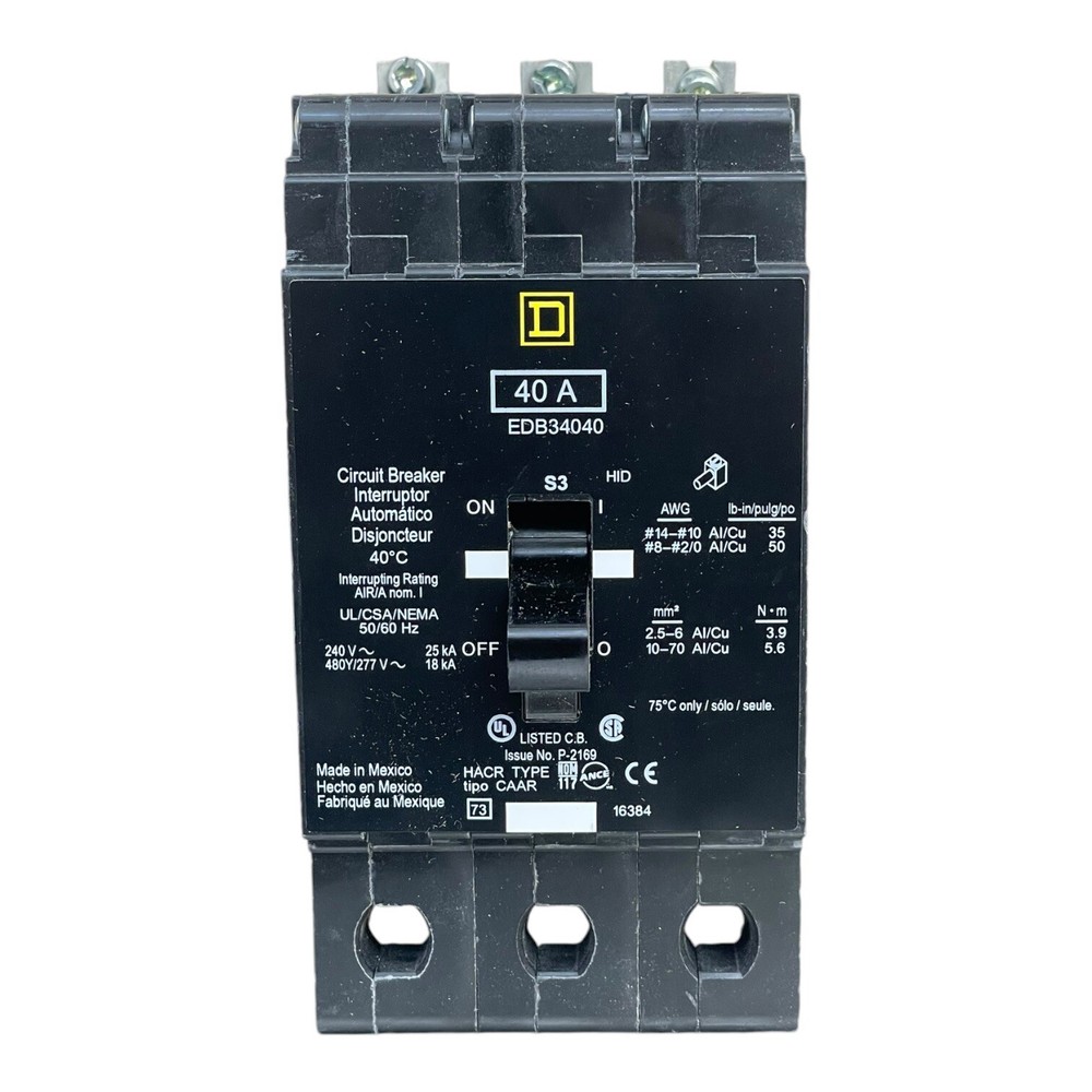 NO BOX - SQUARE D EDB CIRCUIT BREAKER EDB34040 40AMP 480VOLT 3POLE