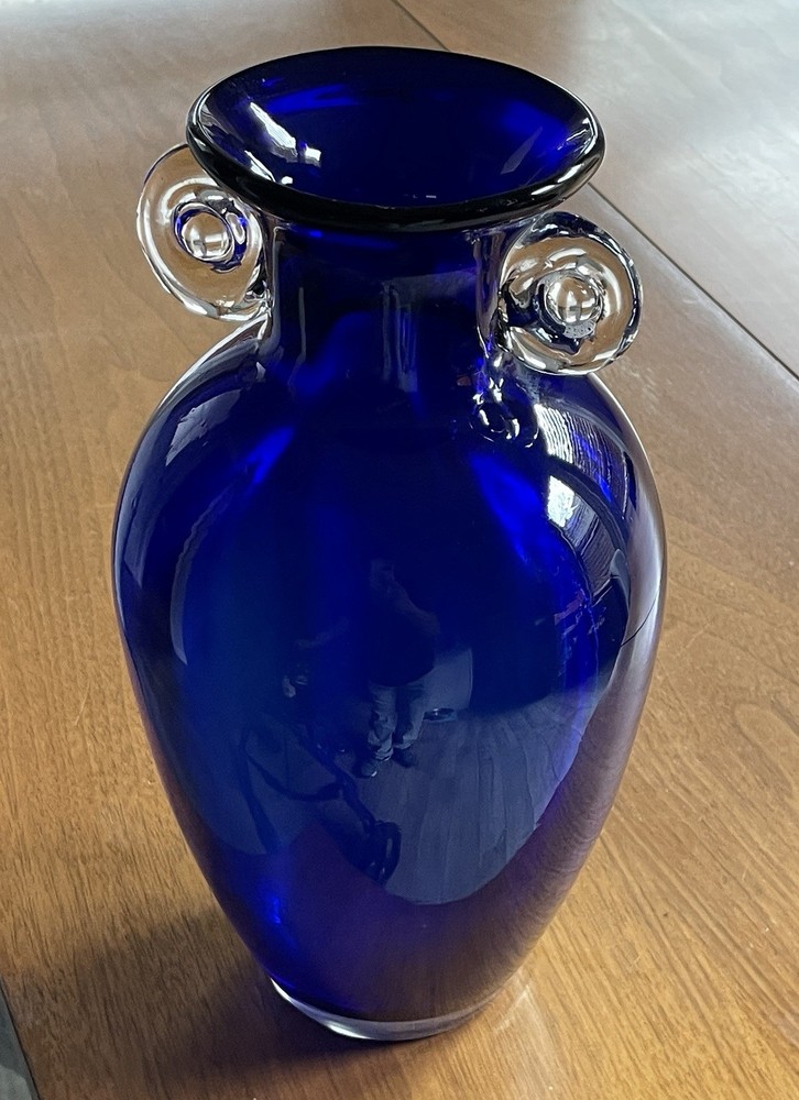Vintage Cobalt Blue Cased Glass Urn Style Vase with Clear Scroll Handles, Big…