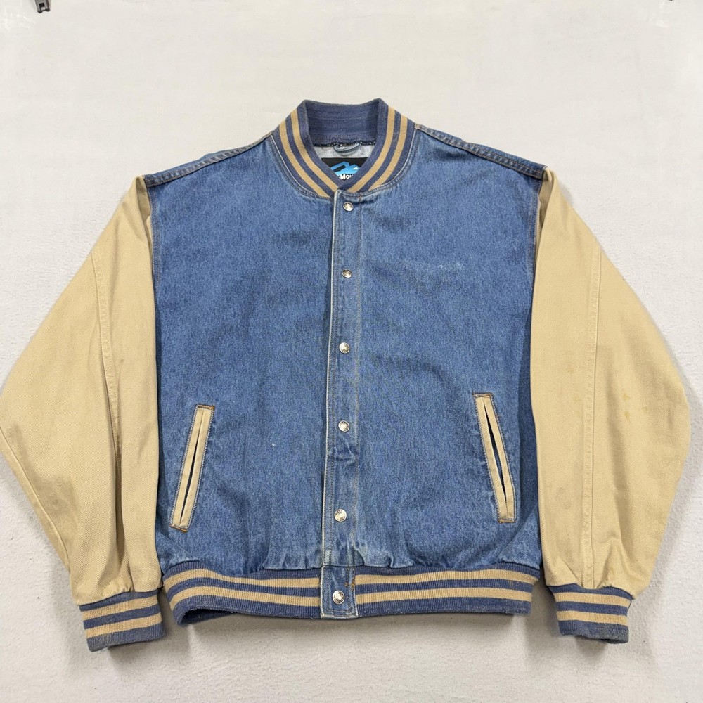 Tri-Mountain Jacket Mens Large Denim Varsity Snap Front Canvas Sleeves Workwear