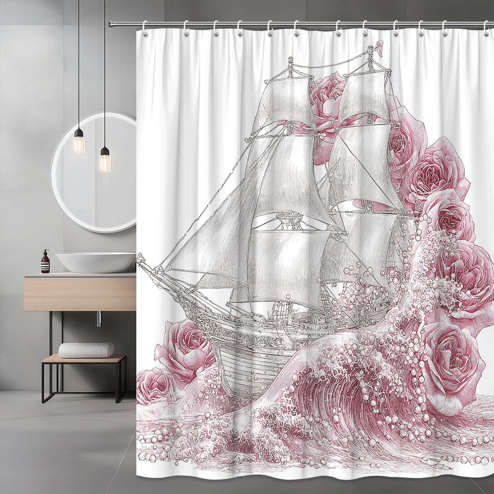 Pink Rose Sailboat Shower Curtain Nautical Ocean Wave Print