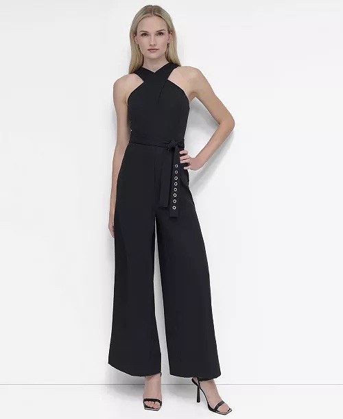 DKNY Crisscross Halter Belted Wide Leg Jumpsuit 8 M Black Evening Party NWT