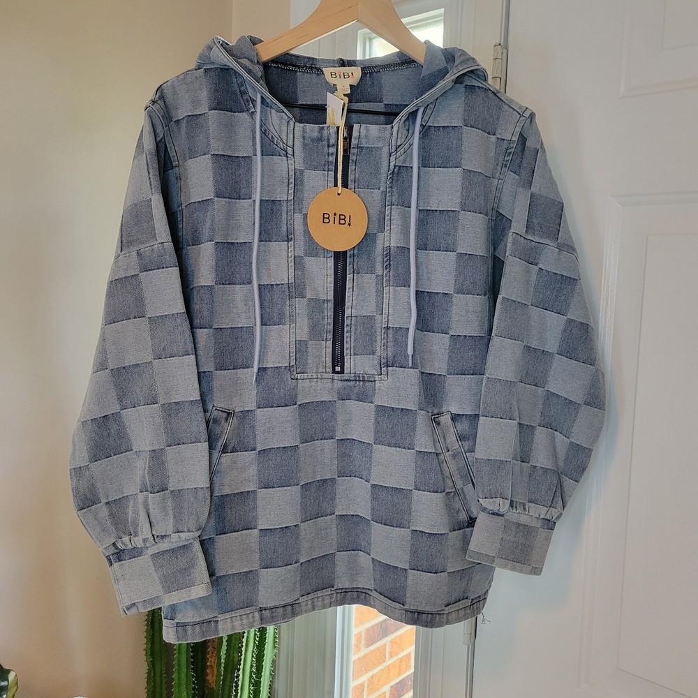 NWT Bibi Checkerboard Quarter Zip Hooded Oversized Boutique Jean Jacket, Size S