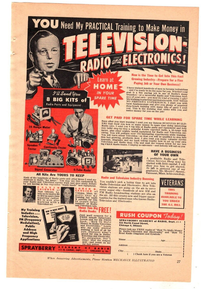 1950 Print Ad Sprayberry Academy of Radio Televsion Electronics 8 Big Kits Offer-image