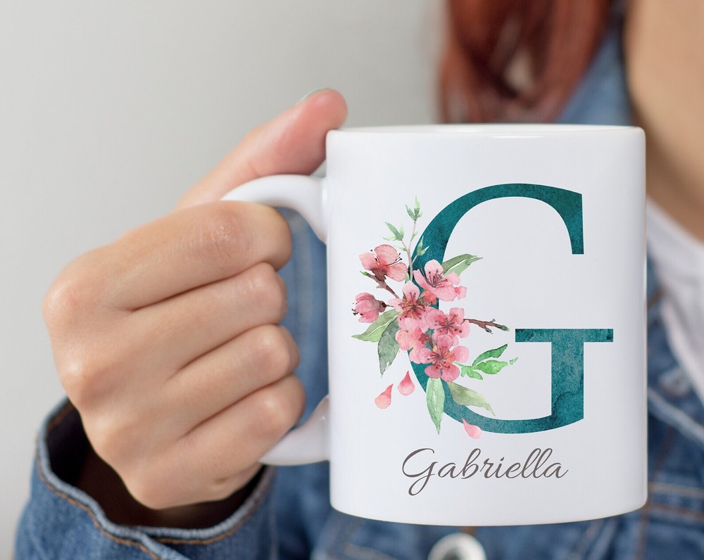 Personalized Monogram Initial Name Mug Floral Alphabet Cup Birthday Gift