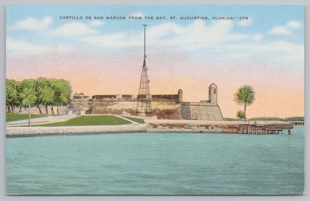 Linen~Castillo De San Marcos From Bay St Augustine FL~Vintage Postcard