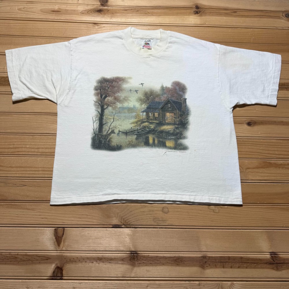 Vintage 90s Log Cabin Lake Woods Deer Outdoor Nature Graphic T-Shirt Men's Large