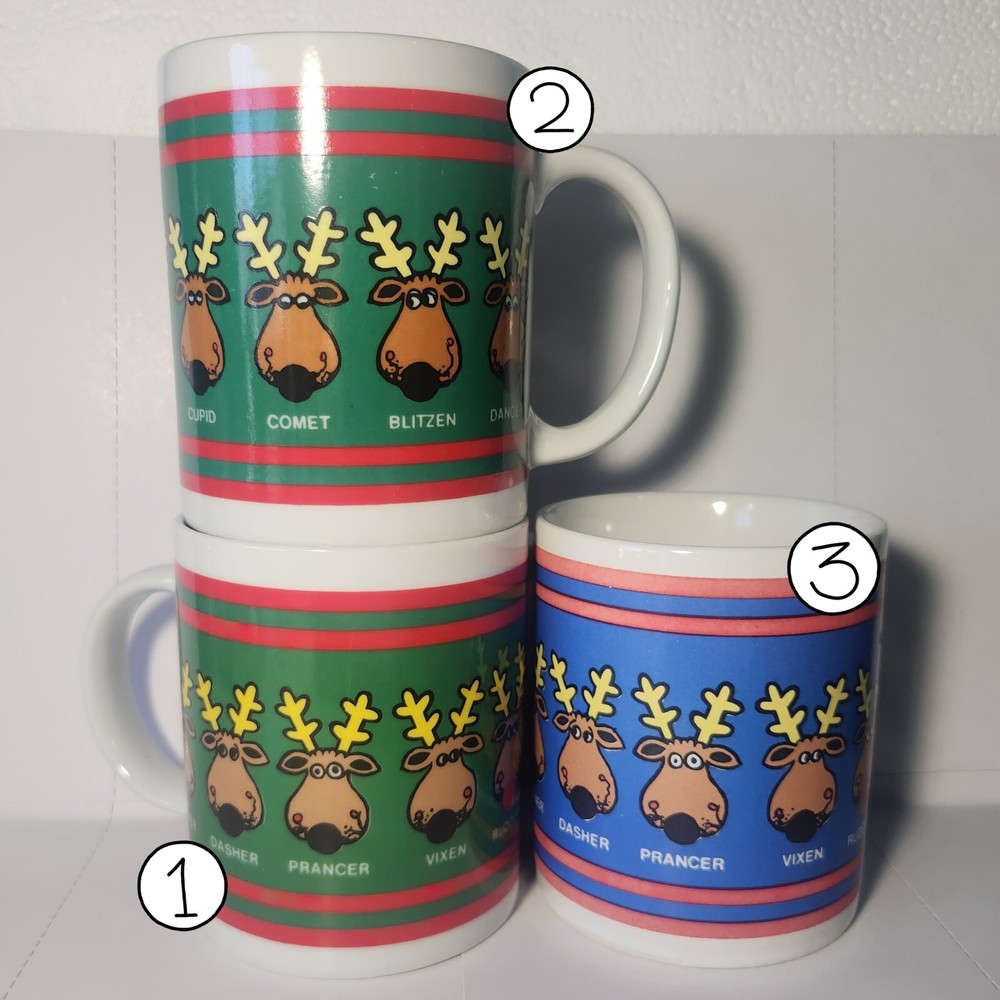 3 Vintage 80's Santa's Reindeer Christmas Coffee Cup Mugs by Houston Foods 1993