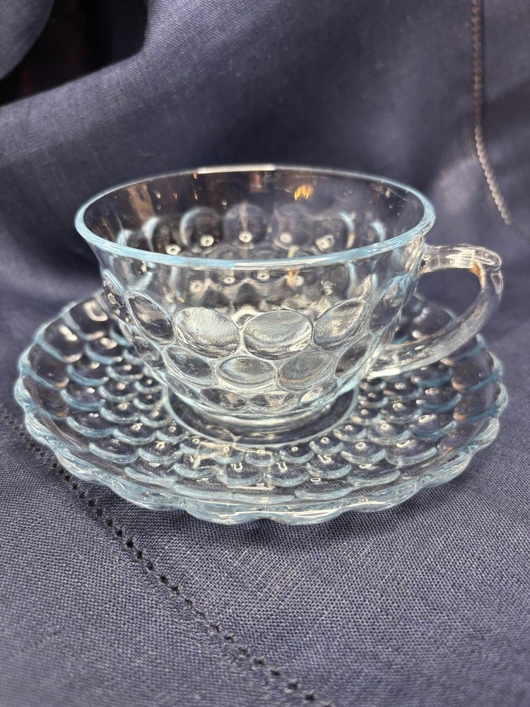 Anchor Hocking Blue Bubble Depression Glass Cup & Saucer Set 2-1/4