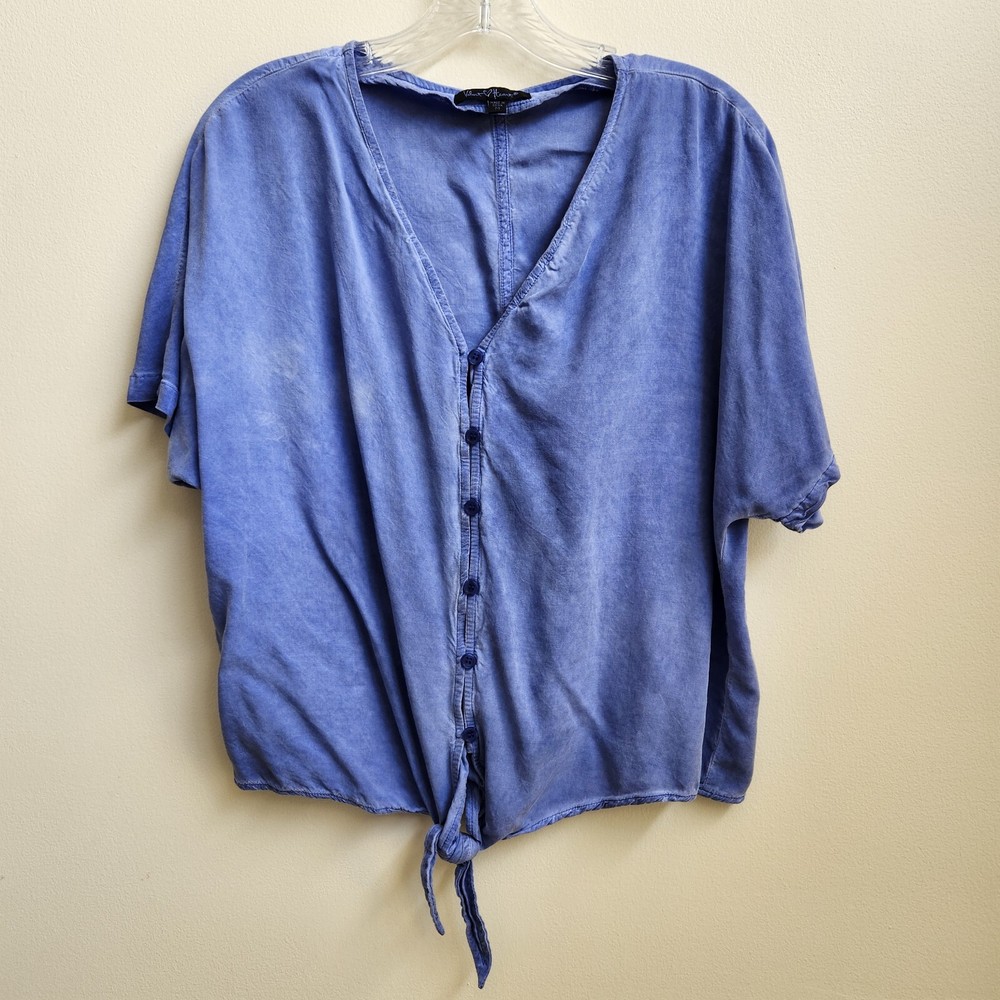 Velvet Heart Top Women's M Purple Distressed Button Up Tie Short Sleeve Blouse