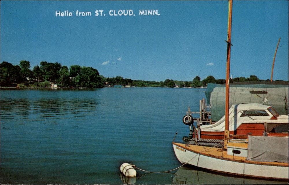 Hello from St Cloud Minnesota ~ boats harbor ~ unused 1950s-60s vintage postcard