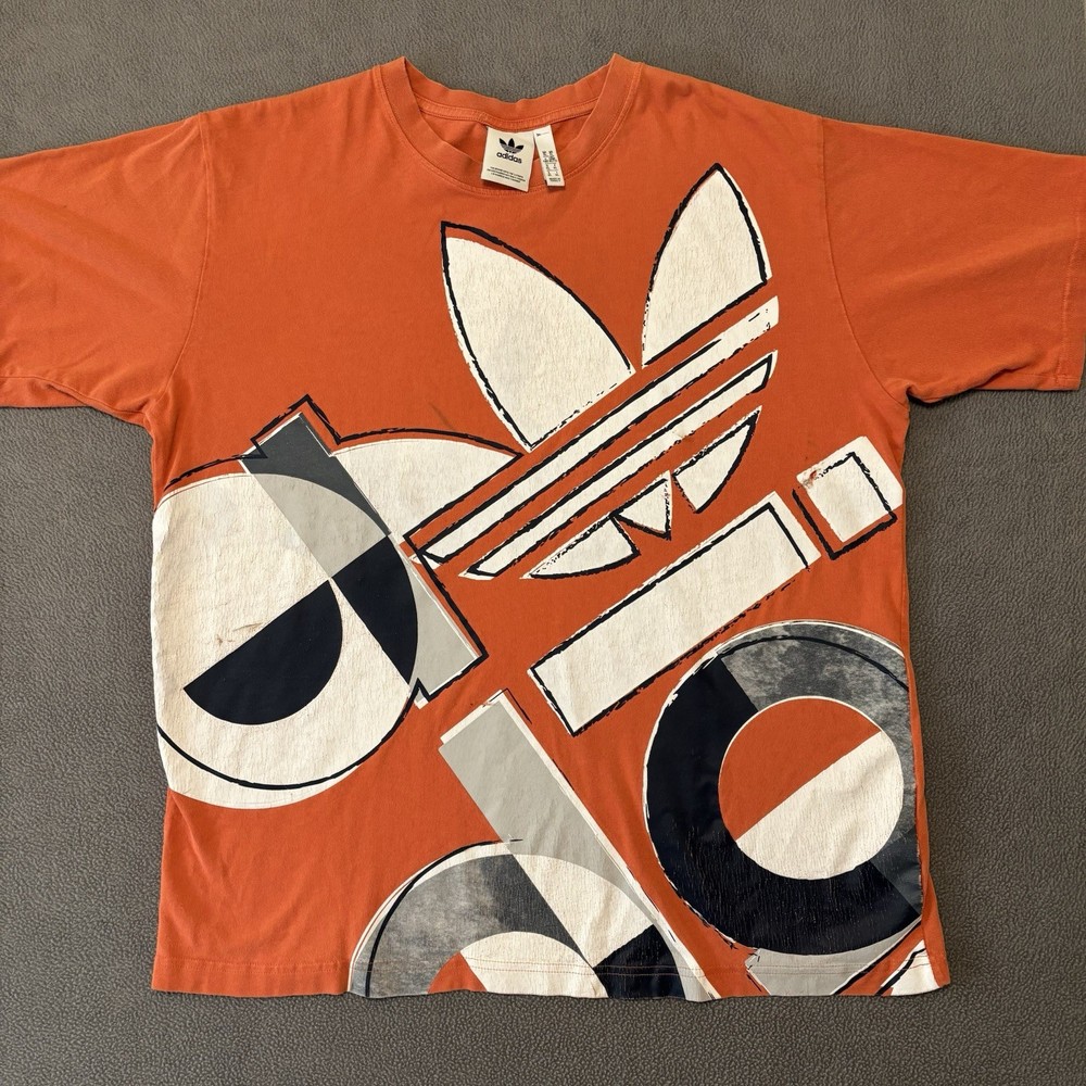 Adidas Orange Big Logo T Shirt Men's XL (FLAWS READ) Bold Graphic Streetwear