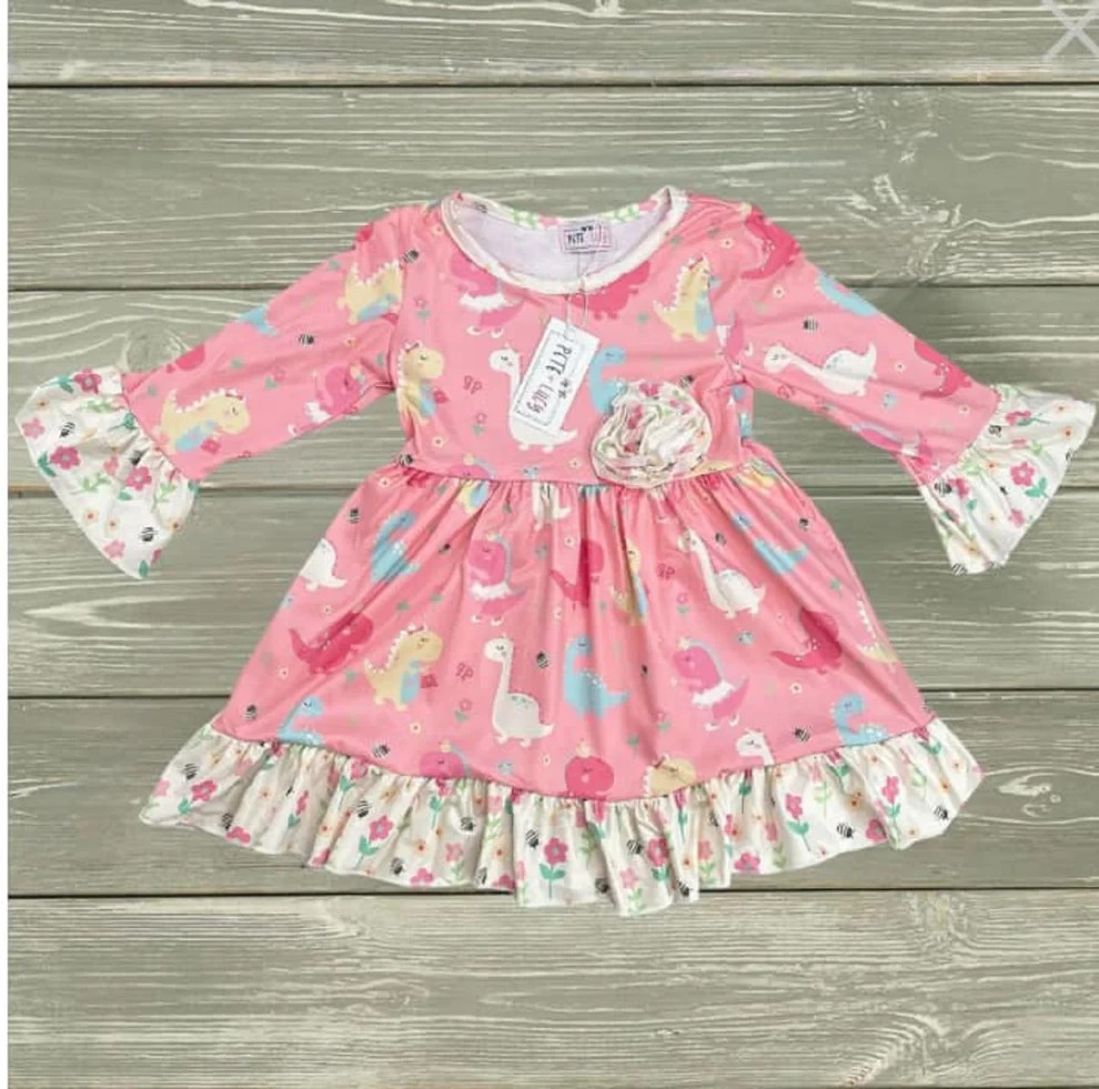 New Baby Girls 0-6 Months PETE & LUCY Dress Dinosaur Pink Ruffle Long Sleeve