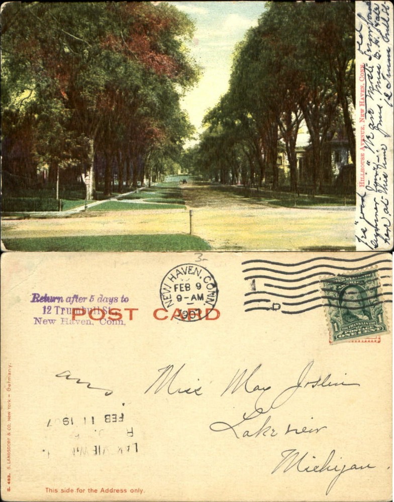 Hillhouse Avenue New Haven Connecticut UDB mailed 1907