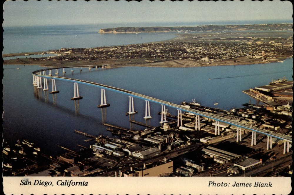 California San Diego freeway over water downtown aerial view ~ postcard sku535