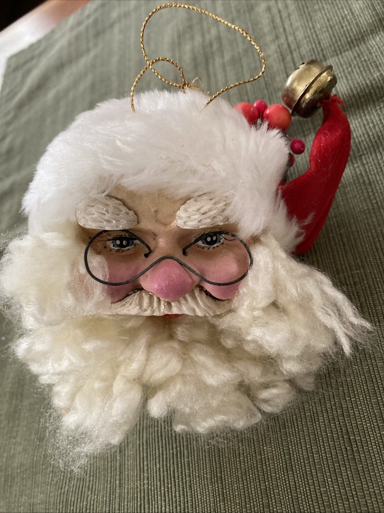 Vintage Santa Head With Holly Sprig And Jingle Bell Christmas Ornament