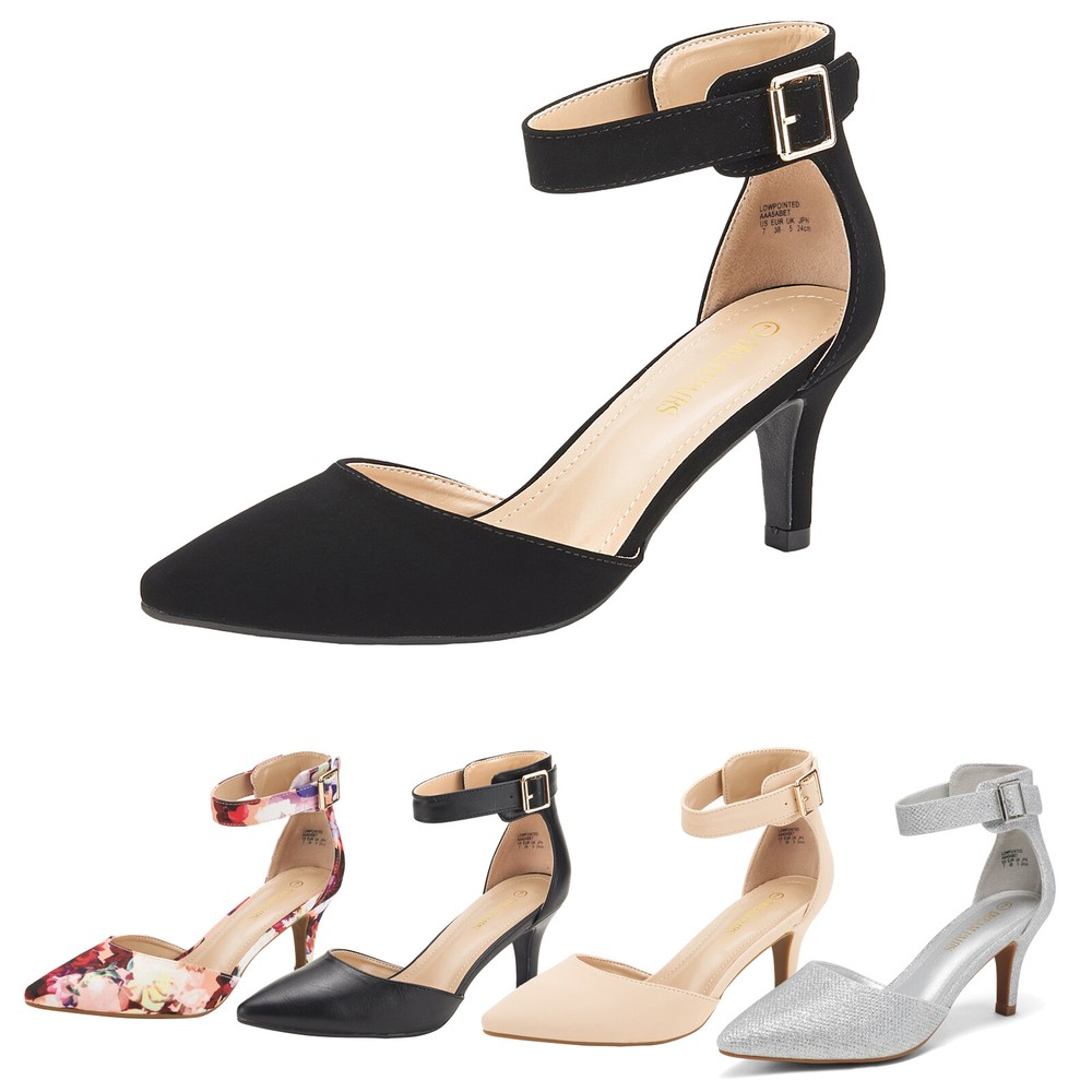 Elegant Women's Pointed Toe Ankle Strap Low Heel Wedding Pumps