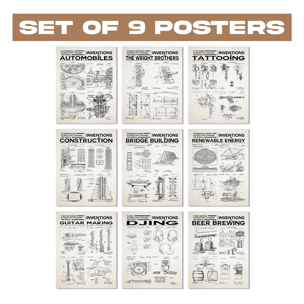 Set of 9 Technical Inventions Patent Posters  Unique Mancave & Office Room Decor