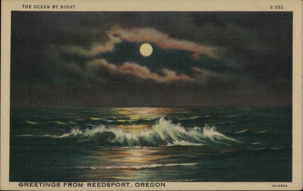 Vintage Linen Postcard Ocean by Night Reedsport Oregon Curt Teich