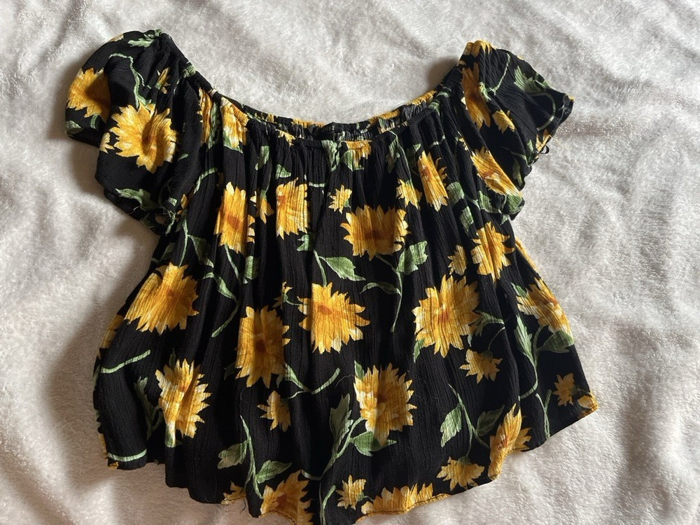 Women’s Black Yellow Green Floral Daisy Off-Shoulder Ruched Puff Crop Top S
