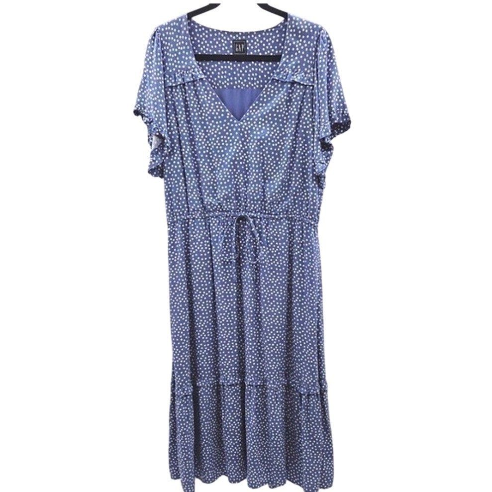 GAP Blue White Polka Dot Tiered Midi Dress Flutter Sleeve Vneck Size Large