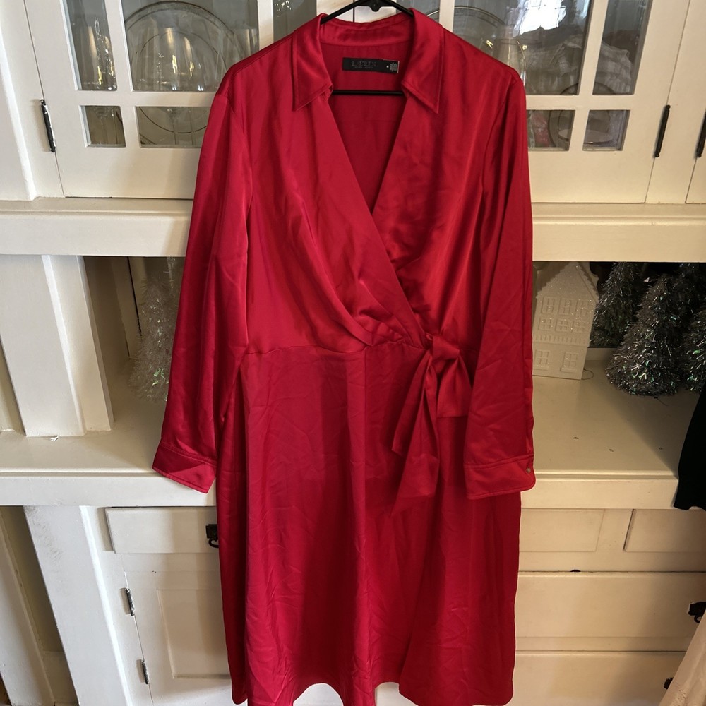 Lauren Ralph Lauren Women's Red satin front tie, midi dress size 16