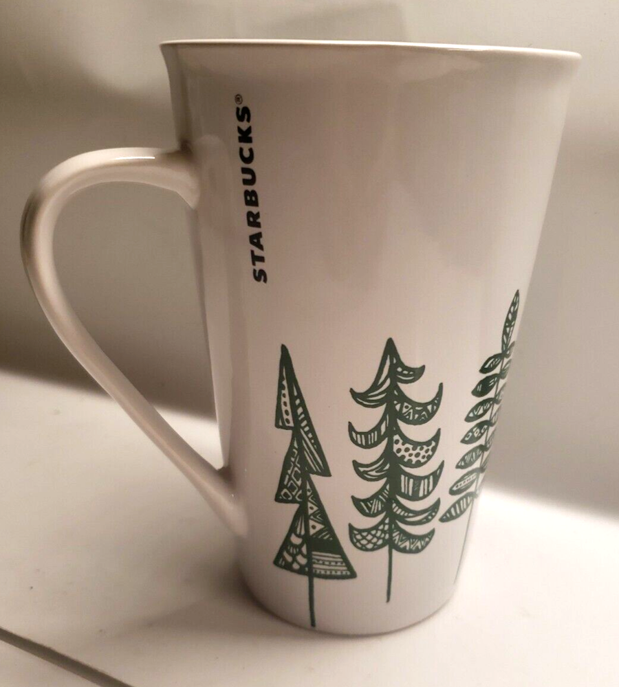 Starbucks~Coffee Mug Cup 2015 Tall~Green White~14.67 fl oz ~Pine Trees
