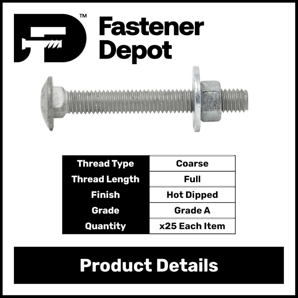 3/8”-16 x 6” Hot Dipped Galvanized Carriage Bolt Kit w/ Nuts & Flat Washers—25x