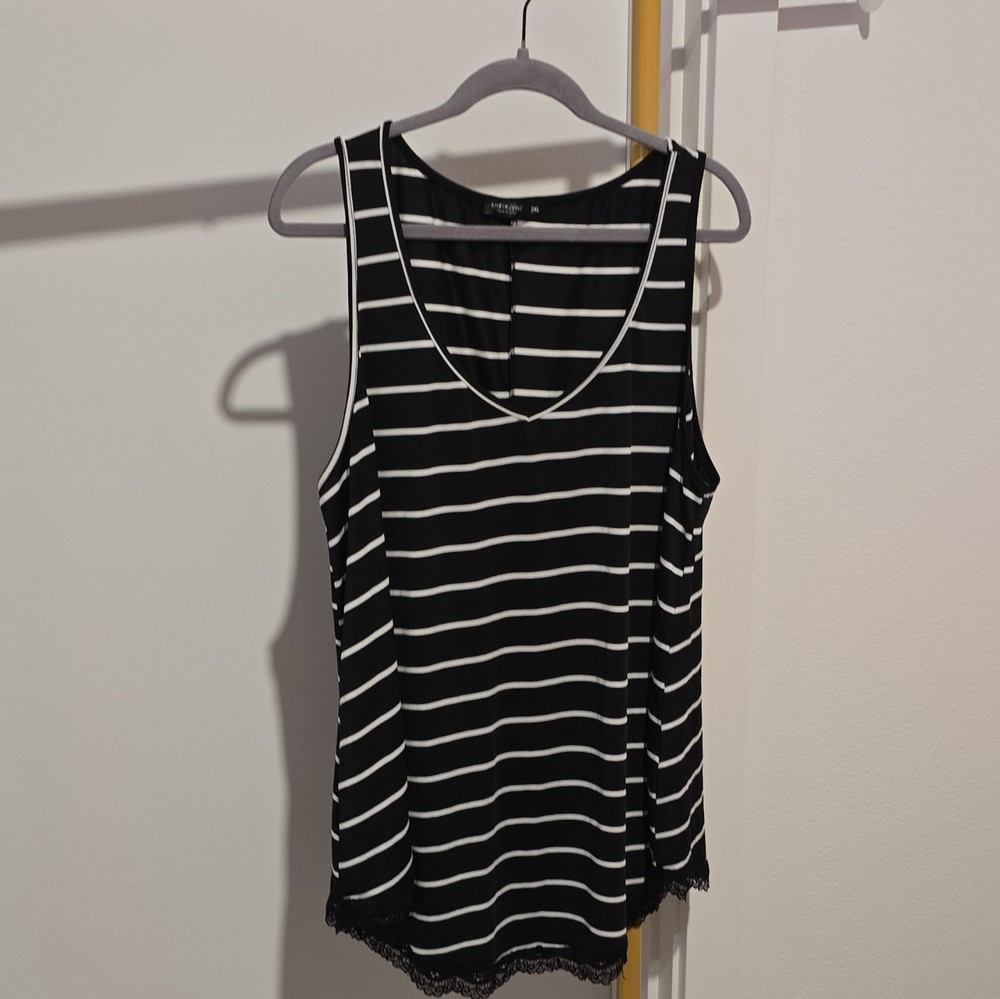 SHEIN CURVE Women's Black White Striped Sleeveless V-Neck Lace Hem Tank 3XL