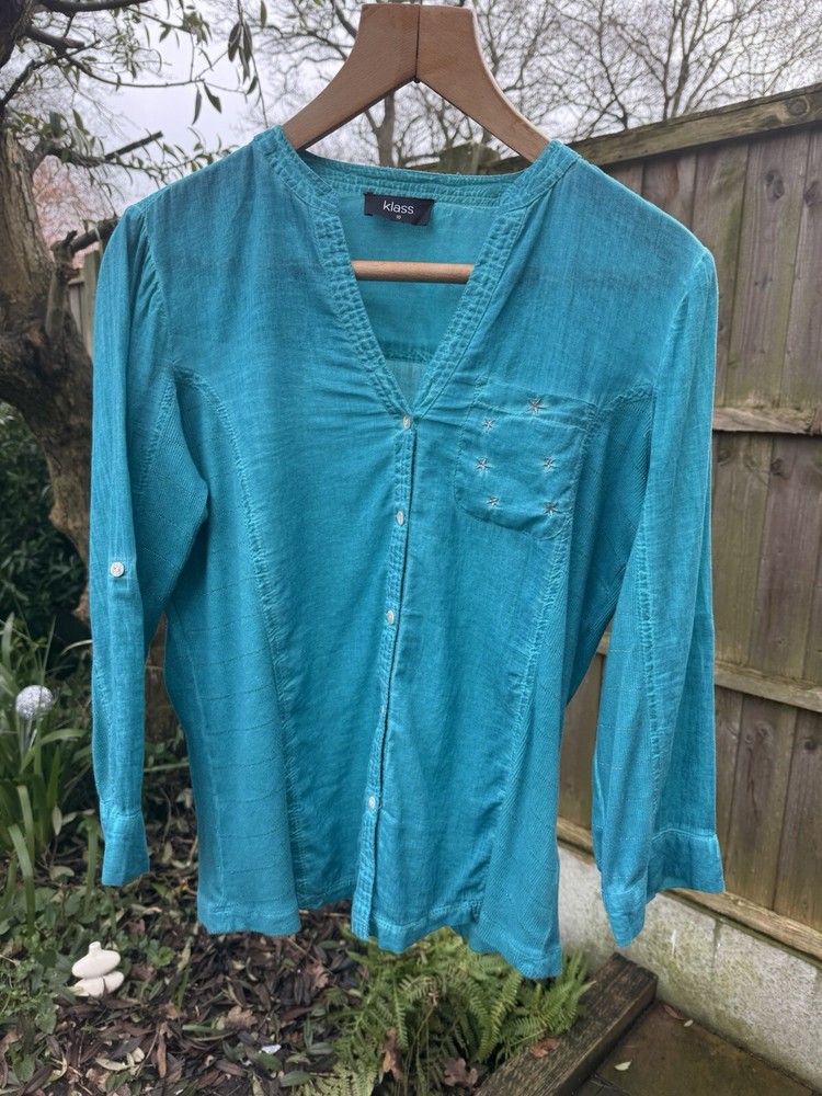 KLASS UK 10 EU 38 Turquoise Sheer Roll Tab Sleeve Blouse Top